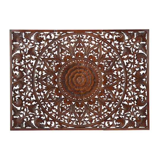 Brown Wood Handmade Intricately Carved Floral Wall Decor with Mandala Design Set of 3 22", 48"